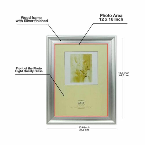 Decorhills Rectangular Glass Photo Frame with Wood Frame, Silver Shine, Wall Mount Display for 12x16 Inch Picture