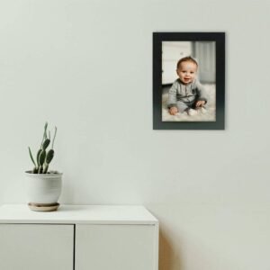 Decorhills Rectangular Glass Photo Frame with Wood Frame, Wall Mount & Tabletop Display, Black, available in 4x6, 5x7, 6x8, 8x10, and 8x12 inch sizes.