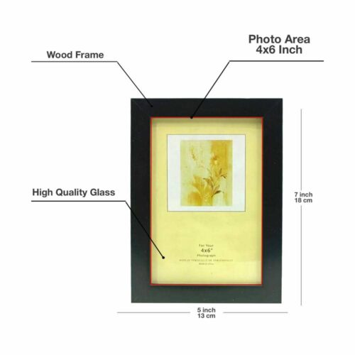 Decorhills Rectangular Glass Photo Frame with Wood Frame, Wall Mount & Tabletop Display, Black, available in 4x6, 5x7, 6x8, 8x10, and 8x12 inch sizes.