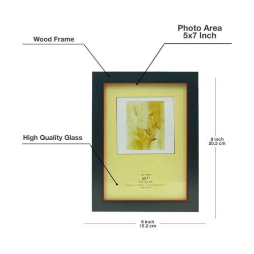 Decorhills Rectangular Glass Photo Frame with Wood Frame, Wall Mount & Tabletop Display, Black, available in 4x6, 5x7, 6x8, 8x10, and 8x12 inch sizes.