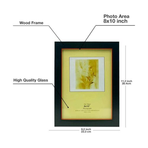 Decorhills Rectangular Glass Photo Frame with Wood Frame, Wall Mount & Tabletop Display, Black, available in 4x6, 5x7, 6x8, 8x10, and 8x12 inch sizes.