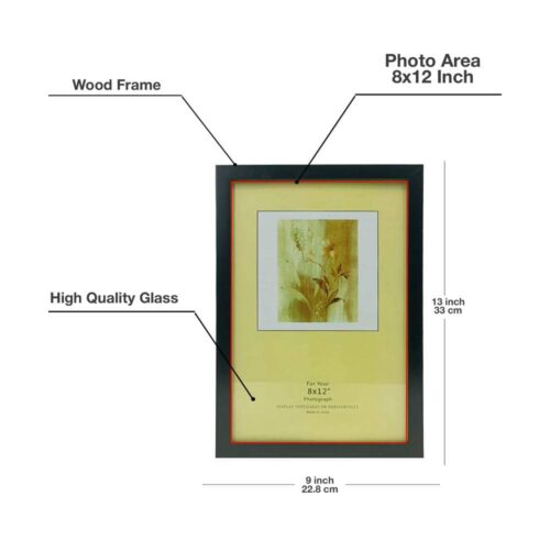 Decorhills Rectangular Glass Photo Frame with Wood Frame, Wall Mount & Tabletop Display, Black, available in 4x6, 5x7, 6x8, 8x10, and 8x12 inch sizes.