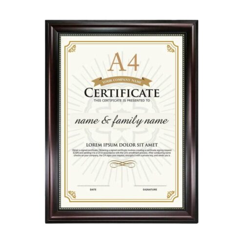 A4 Certificate Document Glass Frame with Mahogany Color and Gold Beads