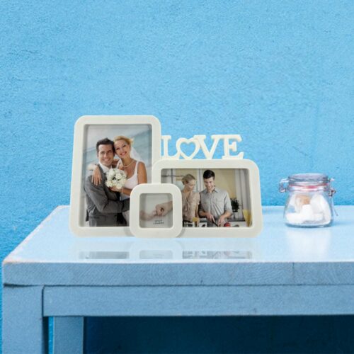 Decorhills Plastic Love Design Multi Pictures Collage Photo Frame with Tabletop Display, showcasing multiple 6x4 inch photos in a sleek white frame