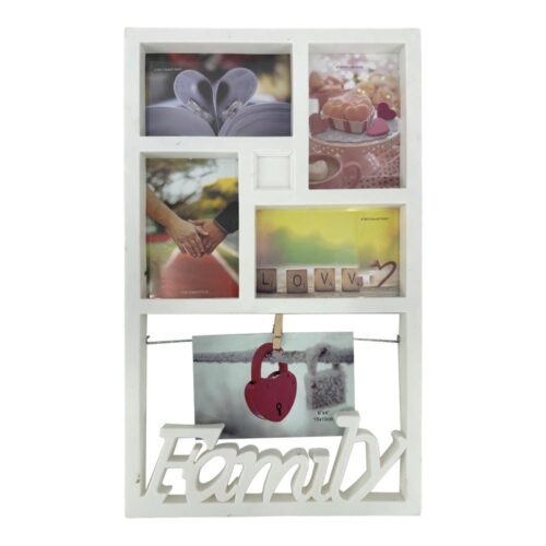 Decorhills Plastic Family Design Multi Pictures Collage Photo Frame with Wall Mount Display, showcasing multiple 6x4 inch photos in a stylish white frame