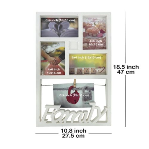 Decorhills Plastic Family Design Multi Pictures Collage Photo Frame with Wall Mount Display, showcasing multiple 6x4 inch photos in a stylish white frame