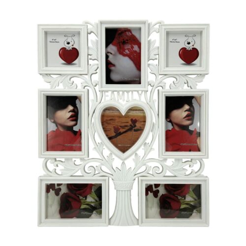 Decorhills Plastic Family Design Multi Pictures Collage Photo Frame with Wall Mount Display, showcasing multiple 6x4 inch photos in elegant white