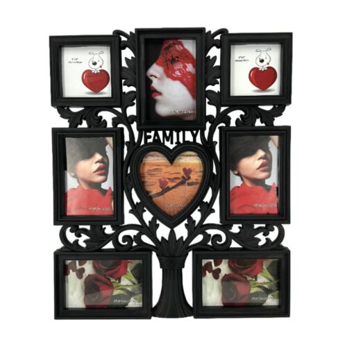 Decorhills Plastic Family Design Multi Pictures Collage Photo Frame with Wall Mount Display, showcasing multiple 6x4 inch photos in elegant Black