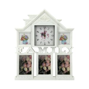 Decorhills Plastic Family Design Multi Pictures Collage Photo Frame with Time Clock, showcasing multiple 6x4 inch photos in elegant white