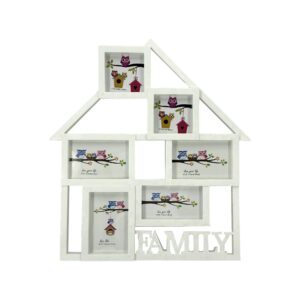 Decorhills Plastic Home Shaped Family Multi Pictures Collage Photo Frame with Wall Mount Display, showcasing multiple 6x4 inch photos in elegant white.