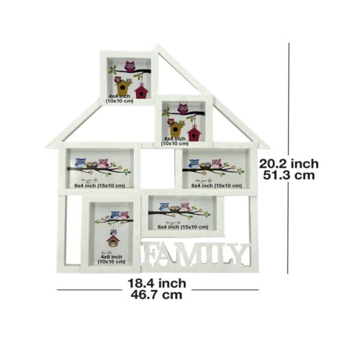 Decorhills Plastic Home Shaped Family Multi Pictures Collage Photo Frame with Wall Mount Display, showcasing multiple 6x4 inch photos in elegant white.