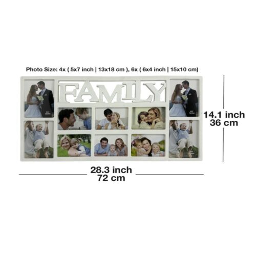 Decorhills Plastic Family Design Multi Pictures Collage Photo Frame with Wall Mount Display, showcasing multiple 6x4 inch photos in elegant white.