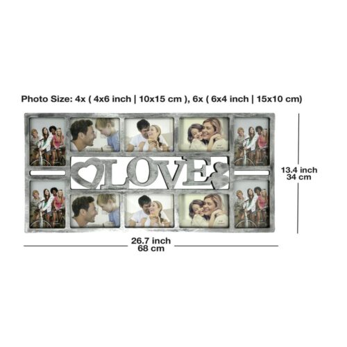 Decorhills Plastic Love Design Multi Pictures Collage Photo Frame with Wall Mount Display, White Silver