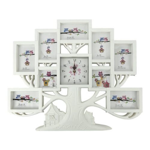 Decorhills Plastic Family & Tree Design Multi Pictures Collage Photo Frame with Time Clock, Wall Mount Display, White