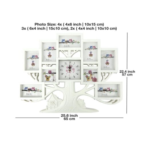 Decorhills Plastic Family & Tree Design Multi Pictures Collage Photo Frame with Time Clock, Wall Mount Display, White