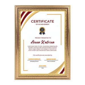 Gold A4 Classic Design Certificate Frame in 25.5x34.2 cm size, suitable for wall and tabletop display, featuring a certificate.