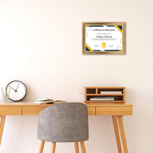 Gold A4 Classic Design Certificate Frame in 25.5x34.2 cm size, suitable for wall and tabletop display, featuring a certificate.