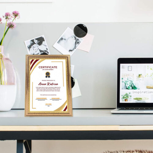 Gold A4 Classic Design Certificate Frame in 25.5x34.2 cm size, suitable for wall and tabletop display, featuring a certificate.