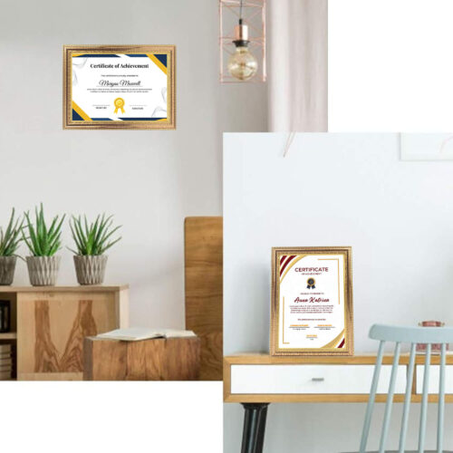 Gold A4 Classic Design Certificate Frame in 25.5x34.2 cm size, suitable for wall and tabletop display, featuring a certificate.