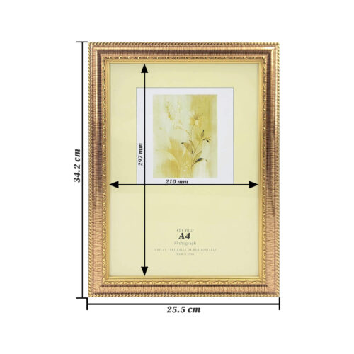 Gold A4 Classic Design Certificate Frame in 25.5x34.2 cm size, suitable for wall and tabletop display, featuring a certificate.