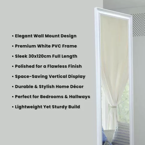 Decorhills Full Length Mirror with polished white PVC frame, 30 x 120 cm, wall-mounted.