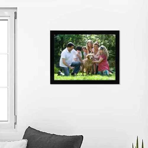 Photo frame with real glass and black PVC frame, available in 12x16 inch size, designed for vertical and horizontal wall mount displays.