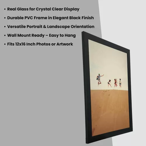 Photo frame with real glass and black PVC frame, available in 12x16 inch size, designed for vertical and horizontal wall mount displays.