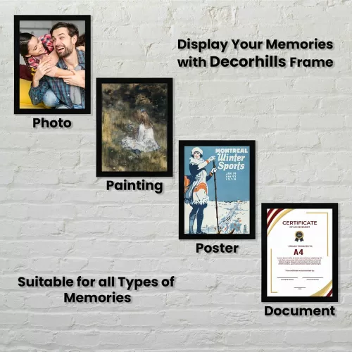 Photo frame with real glass and black PVC frame, available in 12x16 inch size, designed for vertical and horizontal wall mount displays.