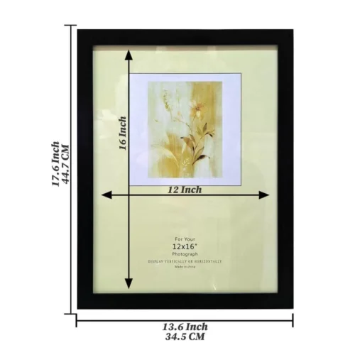 Photo frame with real glass and black PVC frame, available in 12x16 inch size, designed for vertical and horizontal wall mount displays.