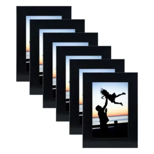 Black PVC photo frame with real glass, 4x6 inch size, designed for vertical and horizontal tabletop display. Available in packs of 6 and 8.