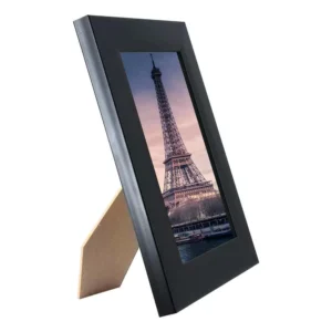 Black PVC photo frame with real glass, sized for 4x6 inch photos, designed for vertical and horizontal tabletop display. Available in packs of 6 and 8.