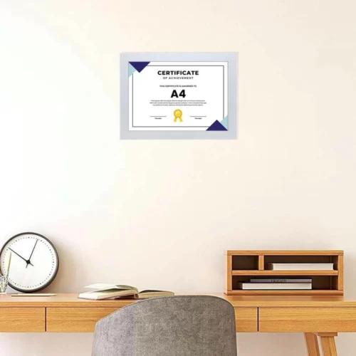 A4 certificate frame with a white PVC frame, real glass front, suitable for wall mount or tabletop display in vertical and horizontal orientations.