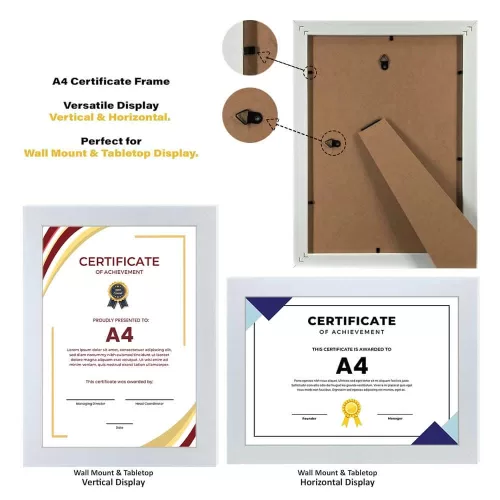 A4 certificate frame with a white PVC frame, real glass front, suitable for wall mount or tabletop display in vertical and horizontal orientations.