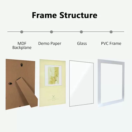 A4 certificate frame with a white PVC frame, real glass front, suitable for wall mount or tabletop display in vertical and horizontal orientations.