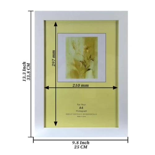 A4 certificate frame with a white PVC frame, real glass front, suitable for wall mount or tabletop display in vertical and horizontal orientations.