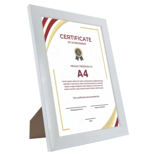 A4 certificate frame with a white PVC frame, real glass front, suitable for wall mount or tabletop display in vertical and horizontal orientations.