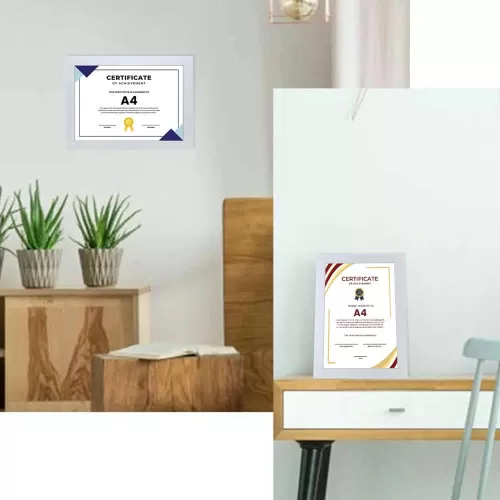 A4 certificate frame with a white PVC frame, real glass front, suitable for wall mount or tabletop display in vertical and horizontal orientations.