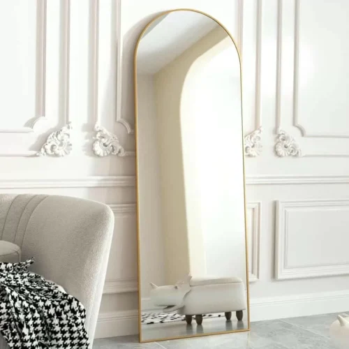 Full-length gold arched mirror, standing or wall-mounted display, 65x180cm