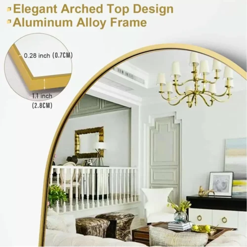 Full-length gold arched mirror, standing or wall-mounted display, 65x180cm