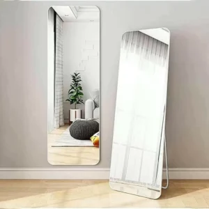 Full-Length Mirror Round Corner White 65x180cm standing against a wall, showcasing modern home decor.