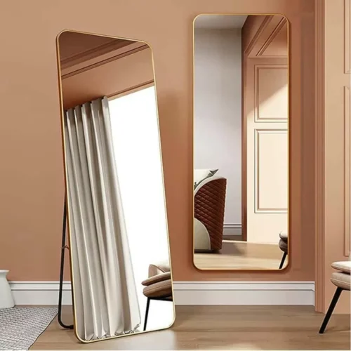 Full-Length Mirror Gold Round Corner 65x180cm standing against a wall, showcasing modern home decor.