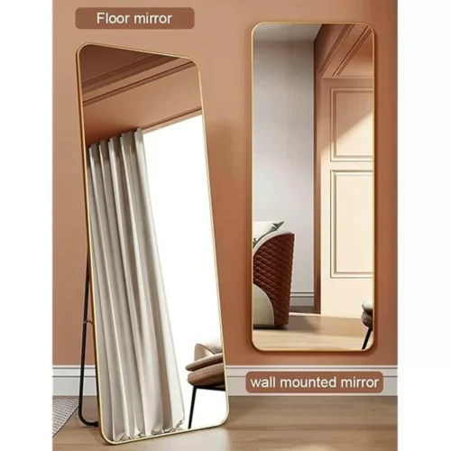 Full-Length Mirror Gold Round Corner 65x180cm standing against a wall, showcasing modern home decor.