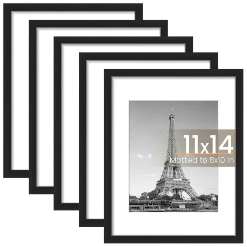 Gallery Photo Frames Wall Black 11x14 Inch Set of 5 – Display 8x10 Photos with Mat or 11x14 Without Mat