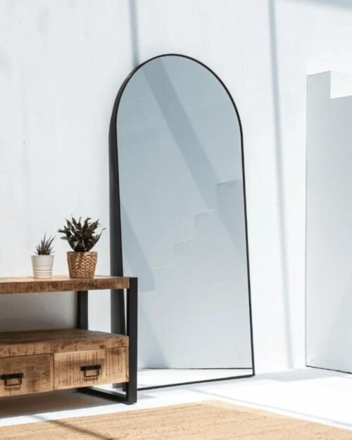 Black arch full-length mirror with aluminum alloy frame, ideal for bedroom and living room decor