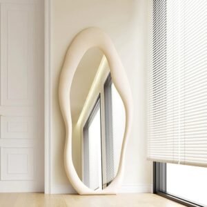 Full-length irregular wavy mirror with white flannel wrapped frame