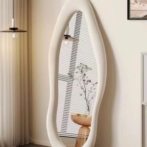 Full-length irregular wavy mirror with white flannel wrapped frame