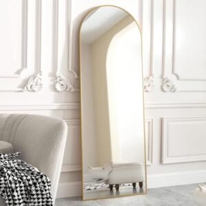 Full-length round mirror with matt gold aluminium frame, ideal for bedrooms, living rooms, and hallways.