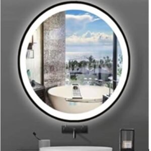 LED round bathroom mirror with black frame, dimmable, anti-fog, and waterproof features. Ideal for modern bathroom use.