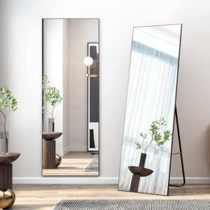 Full-length rectangular mirror with aluminum alloy frame, available in black, rose gold, and gold finishes. Perfect for any room.