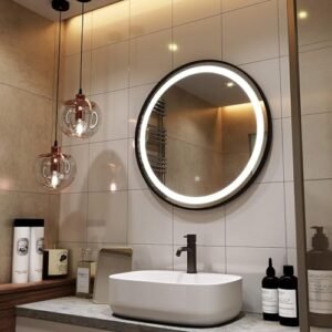 Modern LED mirror with built-in lighting for home and salon use.